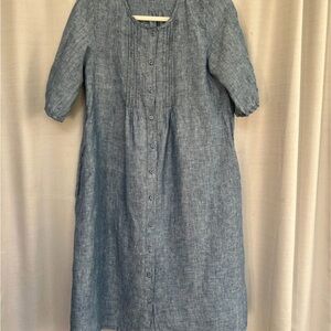Relaxed Blue Linen Midi Button-Front Dress nursing friendly short sleeve